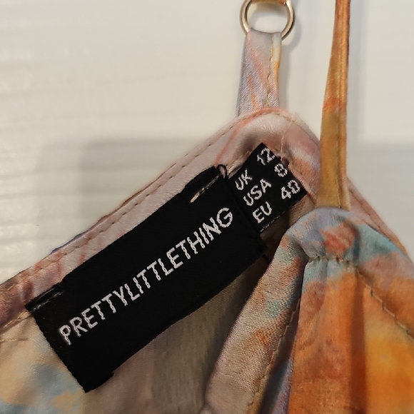PrettyLittleThing Marble-Print Asymmetric Slip Dress - Peach, Blue & Cream - Picture 2 of 7